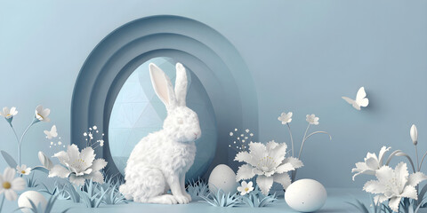 A serene white hare sits in front of a large geometric Easter egg amidst fluffy flowers and eggs on a soft pastel blue grassy area.