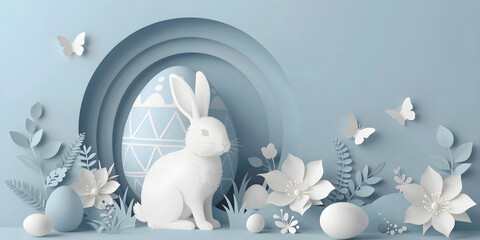A delicate digital illustration of a rabbit surrounded by flowers and butterflies, sitting on a patch of grass with an Easter egg and smaller eggs nearby.