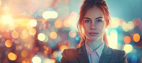 Empowered businesswoman exudes confidence against a blurred city skyline in professional attire
