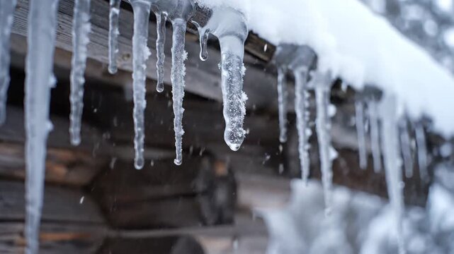 Close-up of icicles hanging from a snow-covered wooden roof in winter season