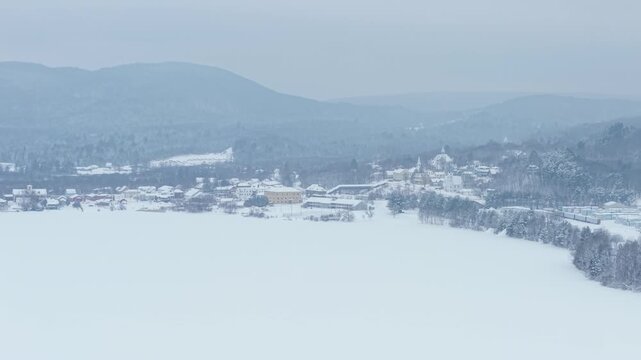 Drone View of Vermont Village While Snow is Falling