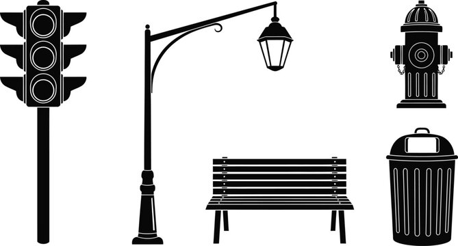 Set of 5 city street elements silhouette traffic light street lamp fire hydrant park bench and trash bin