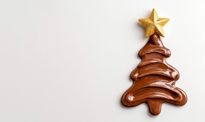 Minimalist Christmas Tree Made of Melted Milk Chocolate with Golden Star Topper on White Background