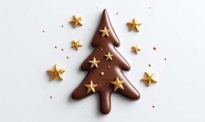Minimalist Christmas Tree Made of Melted Milk Chocolate with Golden Star Topper on White Background