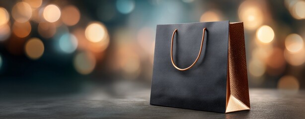 Luxury Black and Gold Shopping Bag on Textured Surface with Festive Bokeh Background. Sale banner. 