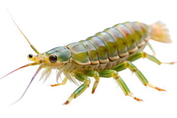 Green Opabinia insect with long antennae and tail isolated on a transparent background