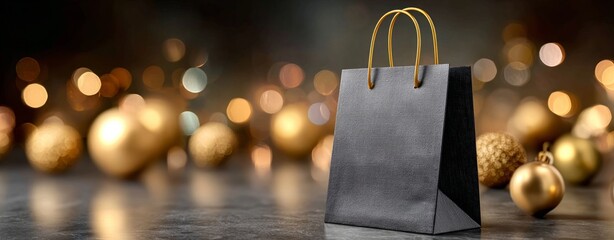 Luxury Black and Gold Shopping Bag on Textured Surface with Festive Bokeh Background. Sale banner. 