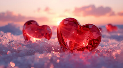 Red Glass Hearts in Snow at Sunset, Winter Valentine Love Concept With Ice Texture and Warm Light for Romantic Holiday Design, Seasonal Greeting Cards, Emotional Visuals and Festive Backgrounds