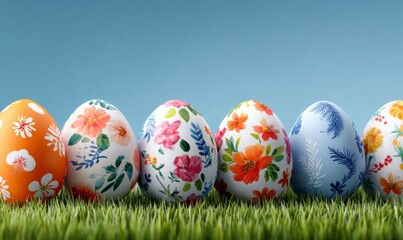 Vibrant spring banner with pastel Easter eggs decorated with flowers on a turquoise background, perfect for seasonal sales and celebrations. Copy space.