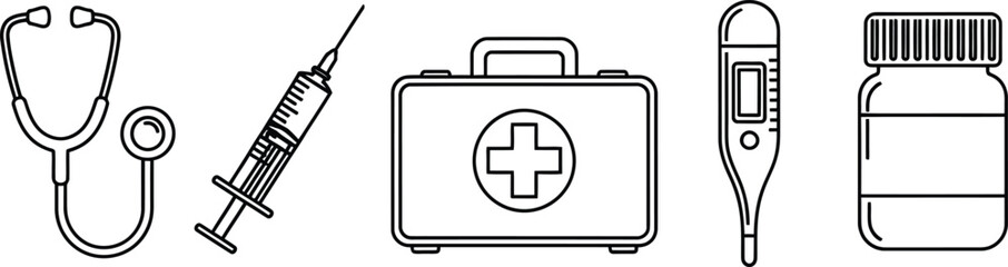 Set of 5 medical icons outline style stethoscope syringe first aid kit thermometer and pills bottle