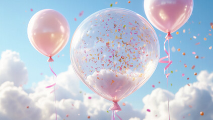 Three Pink Balloons with Confetti and Cloud in Sky