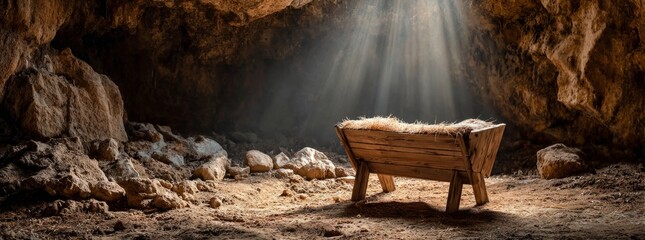 An empty wooden manger in a rustic barn illuminated by holy light. A Christmas nativity scene representing the birth of Jesus.