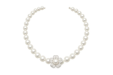 Fototapeta premium Pearl necklace with flower pendant and diamonds on transparent background