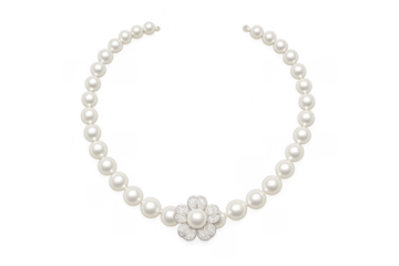 Pearl necklace with flower pendant and diamonds on transparent background