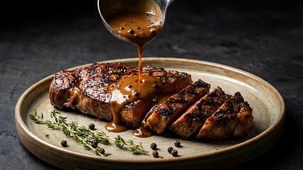Juicy grilled steak, beautifully seared and sliced, receiving a rich, savory brown sauce poured from a ladle, presented on a rustic plate with fresh thyme and peppercorns, ready to be enjoyed