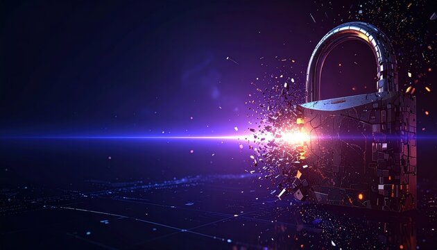 Abstract Visualization of a Data Breach with Digital Fragments Leaking from a Broken Padlock - Powered by Adobe