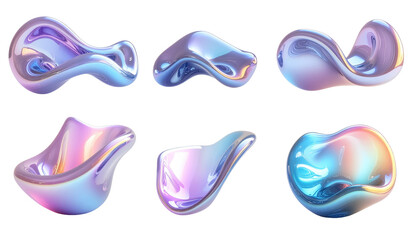 Iridescent Abstract Curved Shapes, Colorful Smooth Waves with Shiny Reflective Surfaces