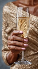An elegant senior woman in a gold sequined dress holds a glass of bubbly champagne. 