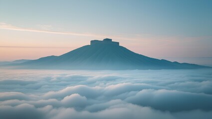 Mountain Peak Above the Clouds at Dawn: Dreamy Sky Landscape with Soft Pastel Sunrise