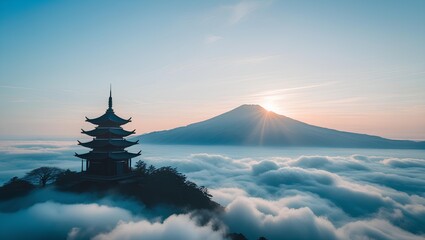 Mountain Peak Above the Clouds at Dawn: Dreamy Sky Landscape with Soft Pastel Sunrise