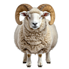 Portrait of a Ram with Curved Horns and Fluffy Coat Against Transparent Background