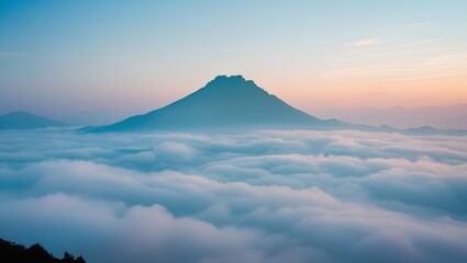 Mountain Peak Above the Clouds at Dawn: Dreamy Sky Landscape with Soft Pastel Sunrise