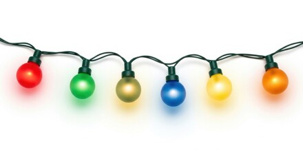 Horizontal string of colorful frosted round Christmas light bulbs in red, green, blue, and yellow glowing on a plain white background, perfect for festive holiday borders.