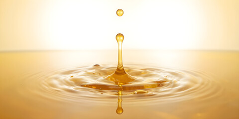 A single golden honey droplet suspended mid-air over a rippled surface, creating a mesmerizing effect.