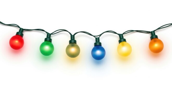 Horizontal string of colorful frosted round Christmas light bulbs in red, green, blue, and yellow glowing on a plain white background, perfect for festive holiday borders. - Powered by Adobe