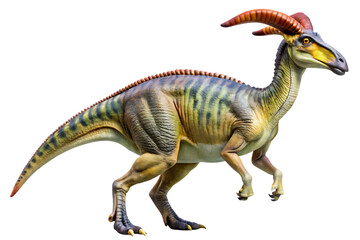 Fototapeta premium Parasaurolophus dinosaur with distinctive crest and colorful body isolated on a transparent background