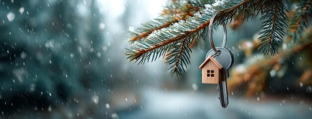 House key hanging on pine branch in snowy winter forest with copy space. Banner for sale and purchase of houses.