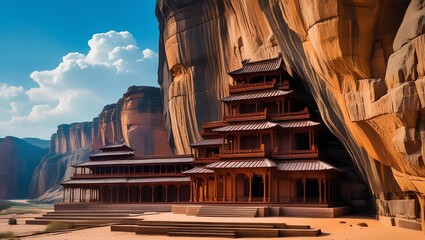 Ancient Cliffside Temple Architecture: Majestic Wooden Pagoda Built Into Desert Canyon Rocks