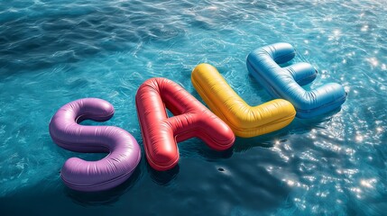 Colorful Inflatable Letters Spelling SALE Floating on Blue Water Surface with Sunlight Reflections
