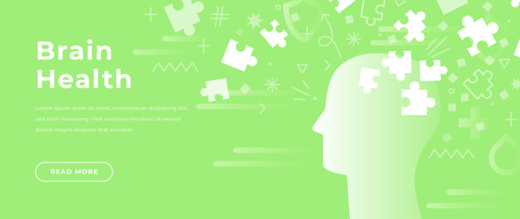 Green brain health background with a light human head silhouette and white scattered puzzle shapes. Medical wellness abstract design for mental health, psychology, memory, cognition, therapy concepts