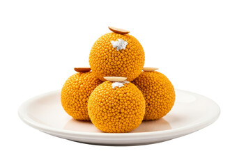 sesame coated orange dumplings on white plate still life