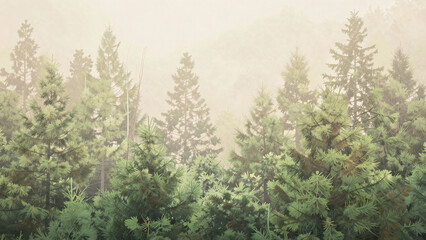 Serene forest landscape featuring densely packed coniferous trees against a soft, muted green and beige background.
