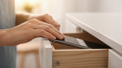 Hand placing smartphone into wooden drawer, symbolizing digital detox and unplugged lifestyle, embracing slow life and mindful living in a serene environment