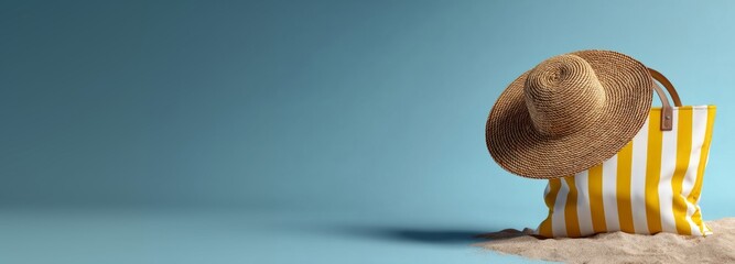 Summer banner. A straw hat and striped bag on the sand with plenty of copy space, making the image perfect for web banners, tourism promotions, and marketing campaigns focused on vacations and travel.