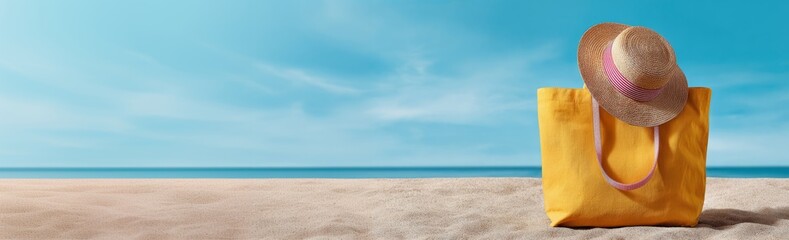 Summer banner. A straw hat and striped bag on the sand with plenty of copy space, making the image perfect for web banners, tourism promotions, and marketing campaigns focused on vacations and travel.