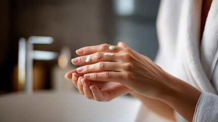 Faceless closeup woman hands using skin care serum cream daily routine beauty treatment skincare application moment wellness ritual activity defocused bathroom background wit