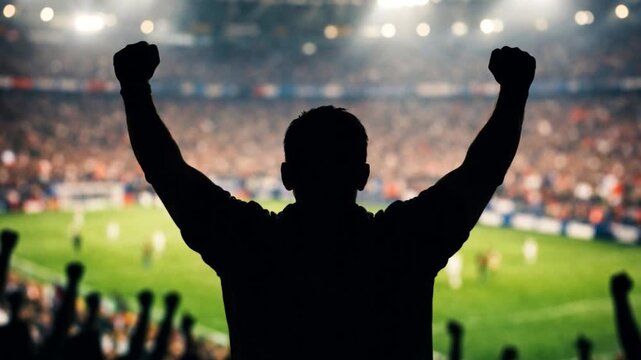 Fans celebrating the success of their favorite sports team, a man is standing with raised hands on the stands of the professional stadium.
