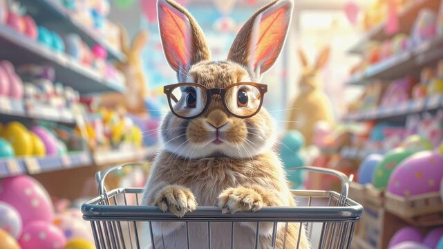 cute rabbit sitting in shopping cart with colorful easter eggs