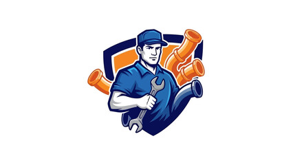 Cartoon Plumber Mascot with Wrench and Pipes Logo Design.