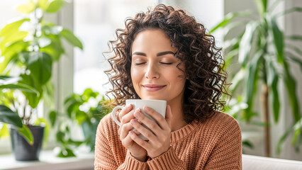 Young woman with curly hair enjoys a warm beverage in a cozy indoor setting surrounded by lush green plants, embracing the concept of digital detox and slow living