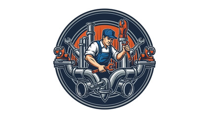 Detailed Illustration of a Plumber Working on Pipes in a Circular Design.