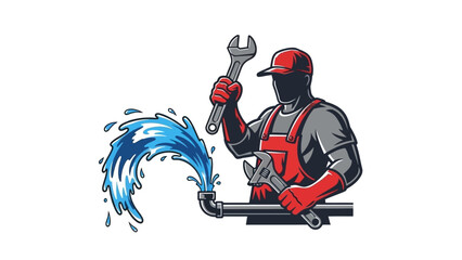 Plumber fixing a pipe with water leaking, holding wrenches.