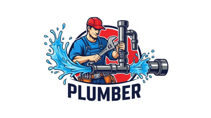 Plumber logo featuring a man fixing pipes with a wrench.