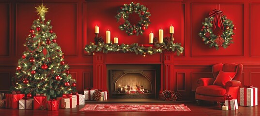Obraz premium Cozy christmas living room decorated with a beautiful tree and warm, inviting lights