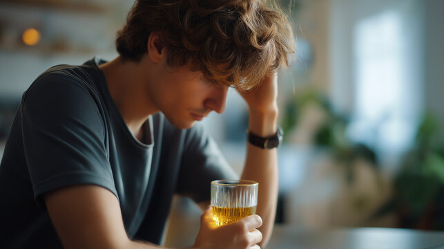 Faceless melancholy young person hands drinks alcoholic beverage alone home feeling dizzy after consumption substance use moment emotional distress display defocused interior