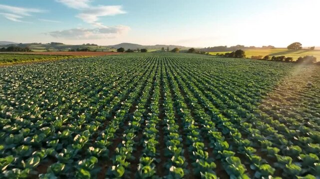 Drone perspective of a vibrant cabbage field under a clear blue sky, basking in the morning sun
